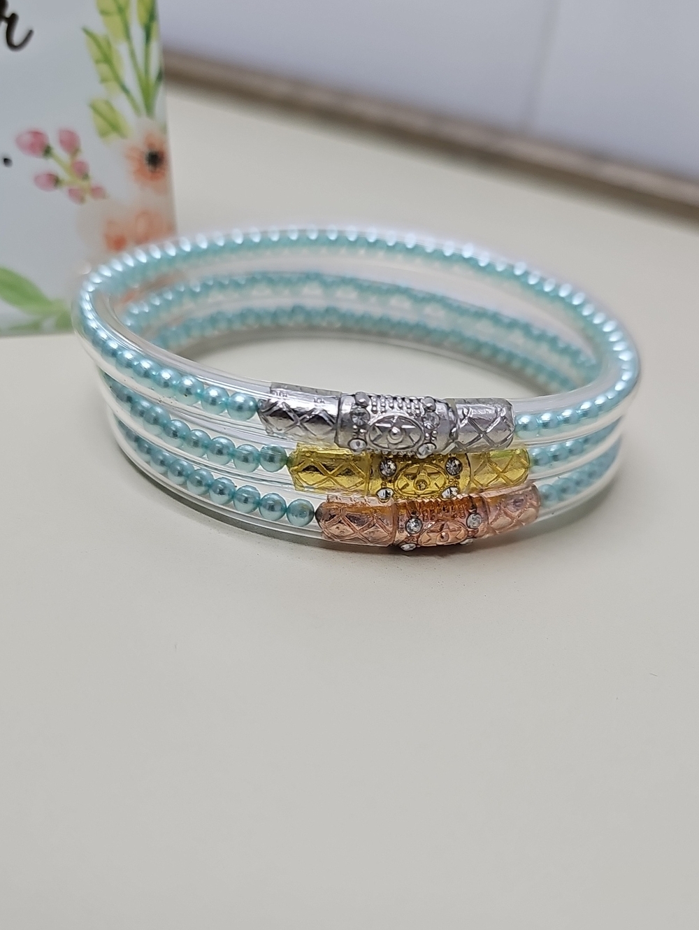 All Weather Womens Bangles Blue Pearl. Three Queen. Set Of 3 (Not Budhagirls)
